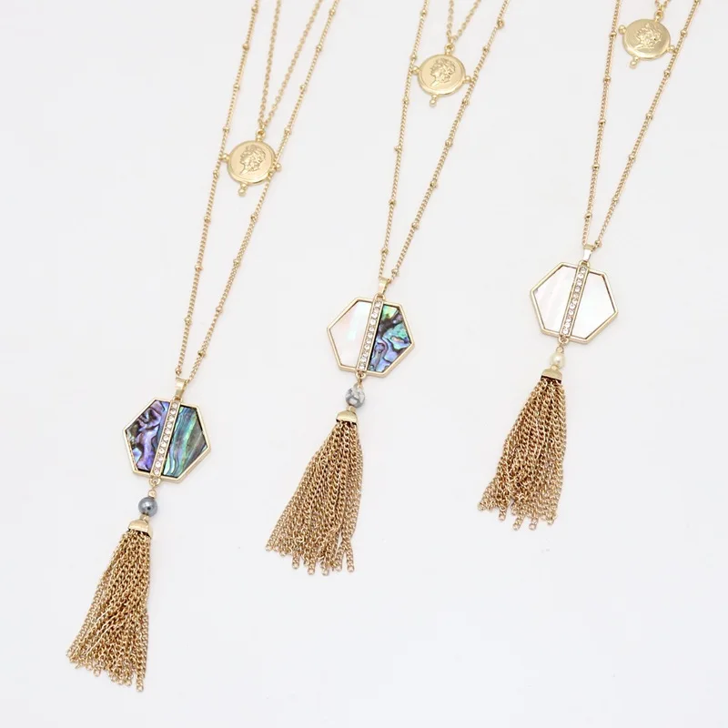 

New Style Abalone Shell Paper Hexagon Pendant Necklace Tassels Long Chain Sweater Necklace Fashion Geometric Jewelry