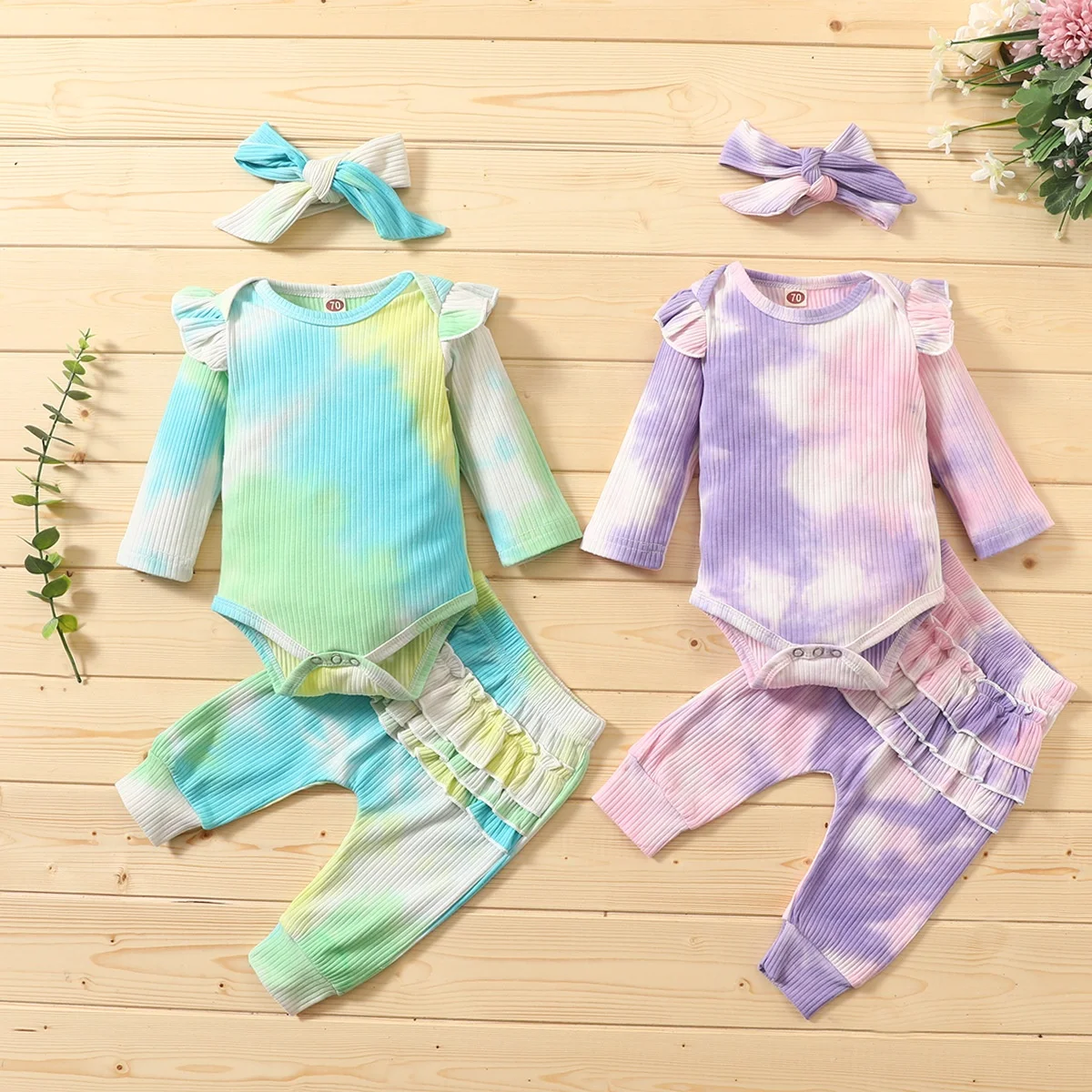 

B63251A Autumn new style tie dye new born baby cotton cute set, Purple/light blue/light purple/rose red