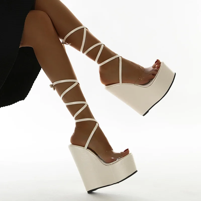 

Platform women white colour sandals lace up designer shoes PVC comfortable summer shoes for women