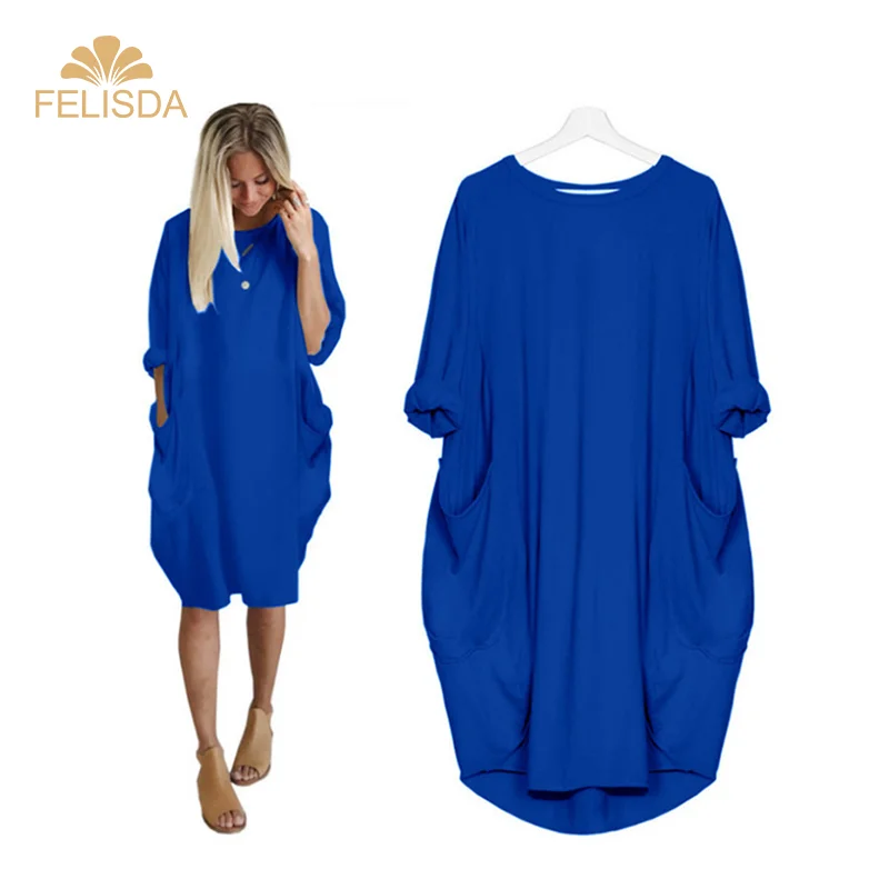 

Factory Direct Ladies Dresses Women Casual Loose Pockets Long Sleeve XL 2XL 3XL 4XL 5XL 6XL Plus Size Solid Color Dress