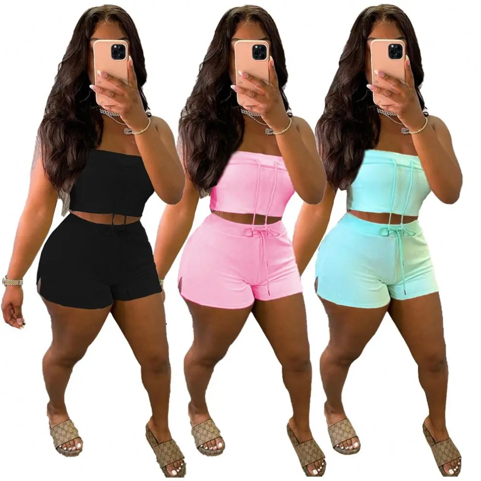 

MOEN Hot Sale 2 Piece Shorts Set Women Summer Crop Tops Solid Color Ladies Two Piece Short Sets