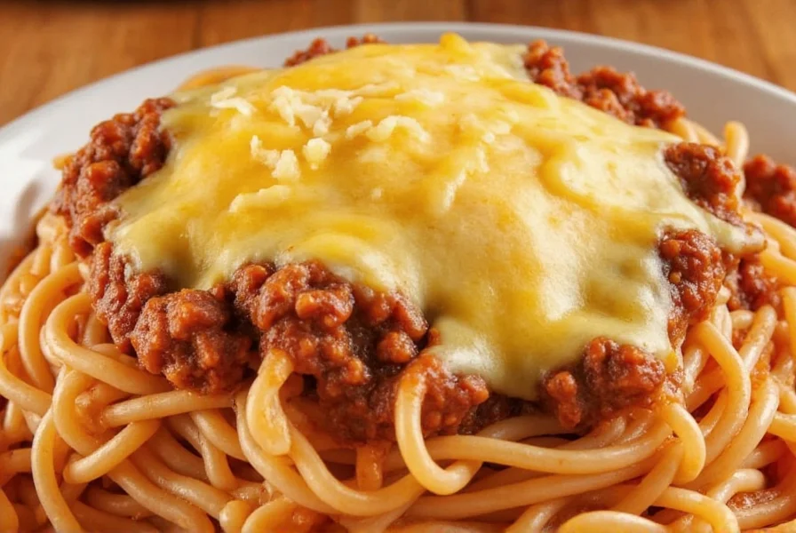 Close-up of Camp Washington Chili's 3-way dish showing spaghetti topped with chili and melted cheese