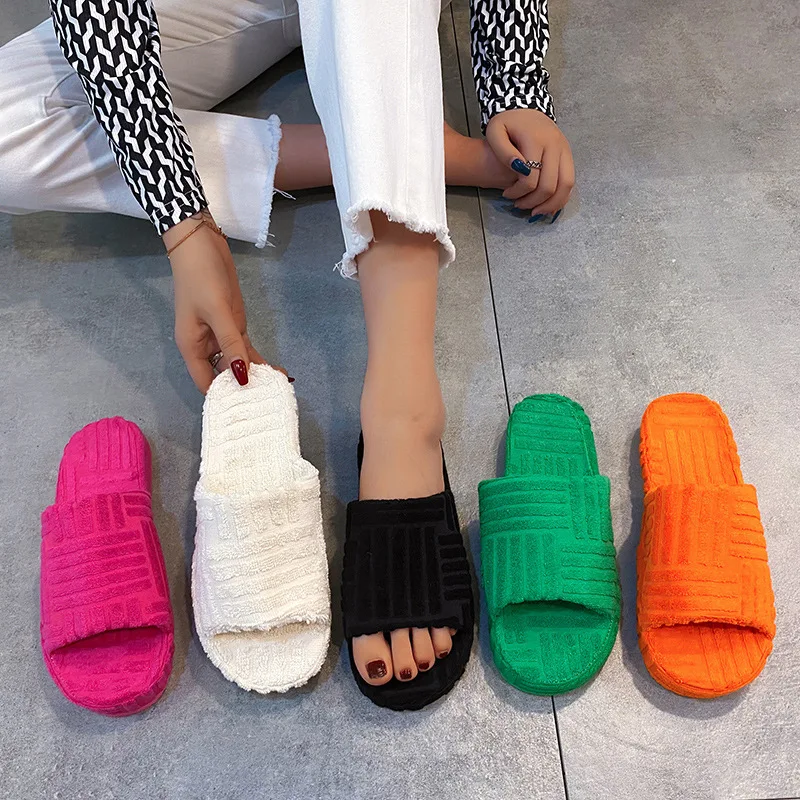 

2022 orange slippers large size thick bottom warm wool slippers women autumn and winter embossed towel cotton slippers, Customized color