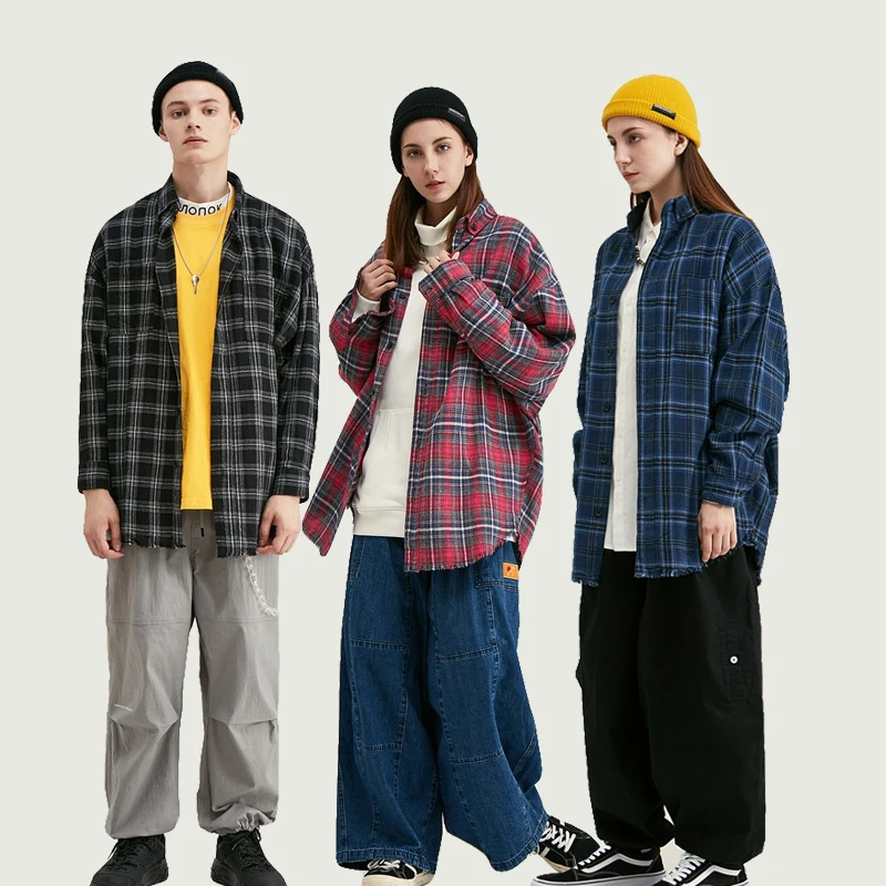 

Fall 2021 Clothing FashionWomen Long sleeve Vintage Casual Shirt Unisex Hip Hop Streetwear Jacket 100% Cotton Men's Plaid Shirts