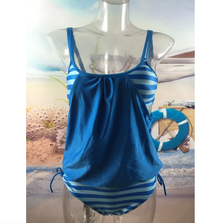 

New swimsuits ladies plus size plus fat striped print lace up split swimsuit