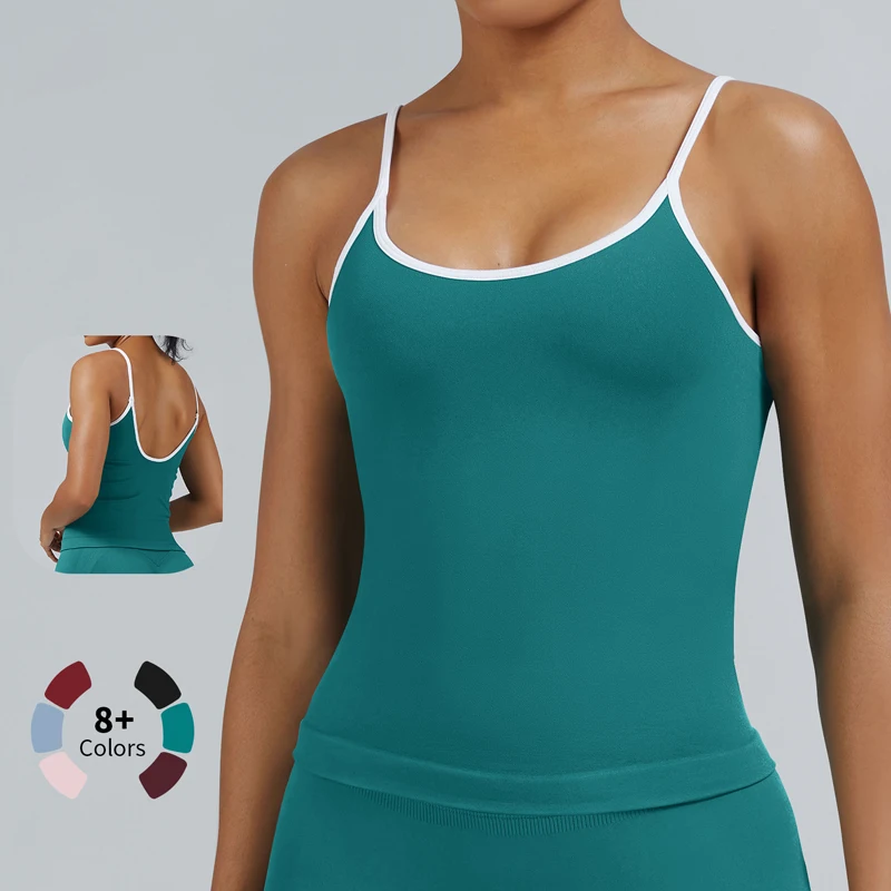 SHINBENE Color Block Seamless Camisole Top Padded Spaghetti Strap Tank Sleeveless Crop Tank Top for Women