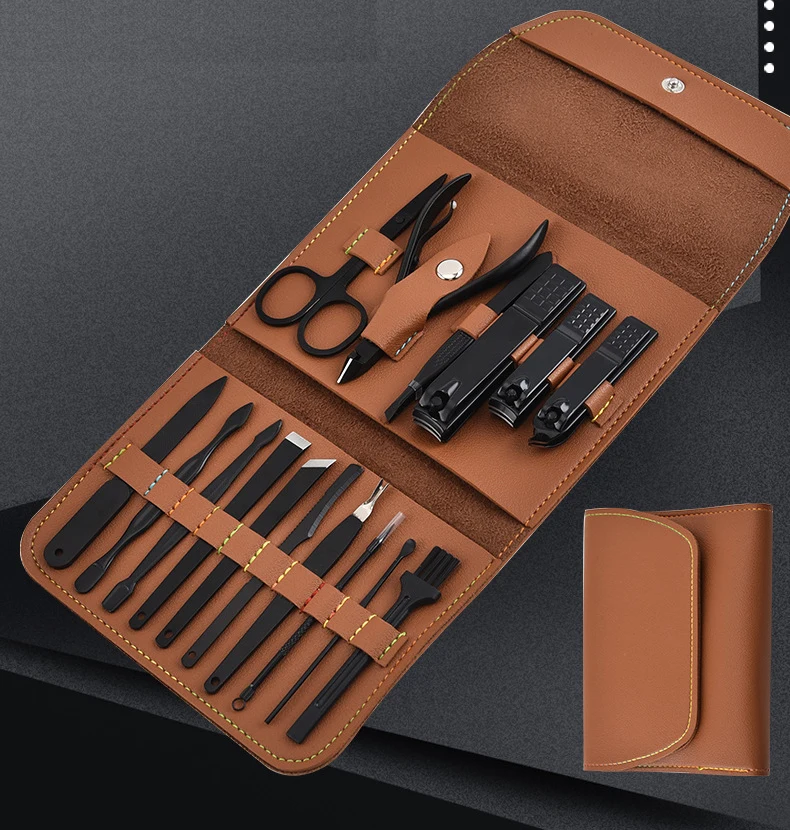 

16pcs Manicure Set Pedicure Tools Kit Mens Grooming Kit with PU Leather Case, Brown/blue/gray