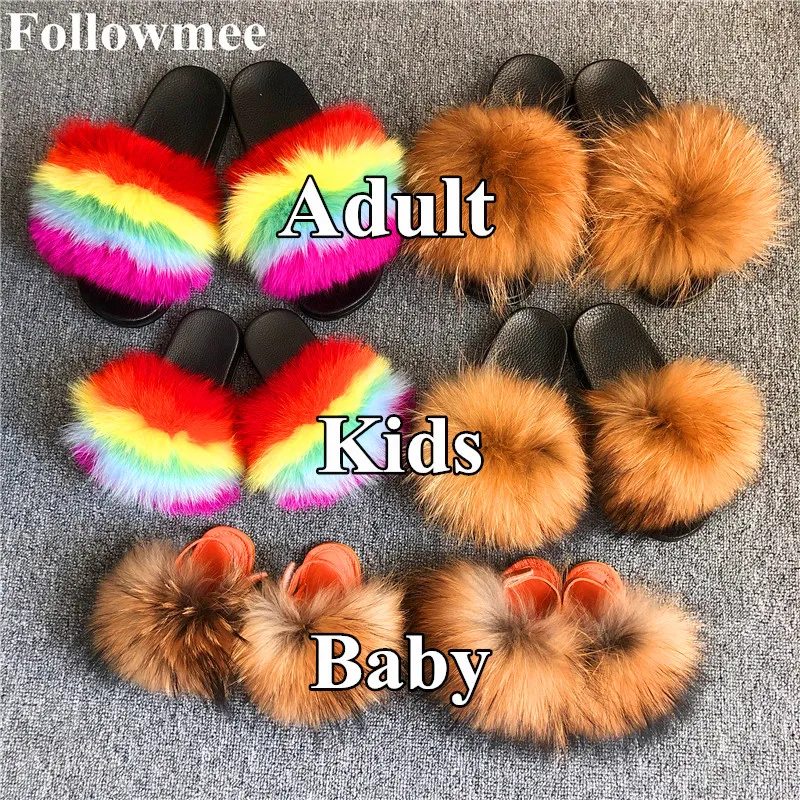

Online custom fur slide women and children Fluffy Wholesale Fur Slippers mommy and me Real Fox Raccoon Fur Slides, Requirement