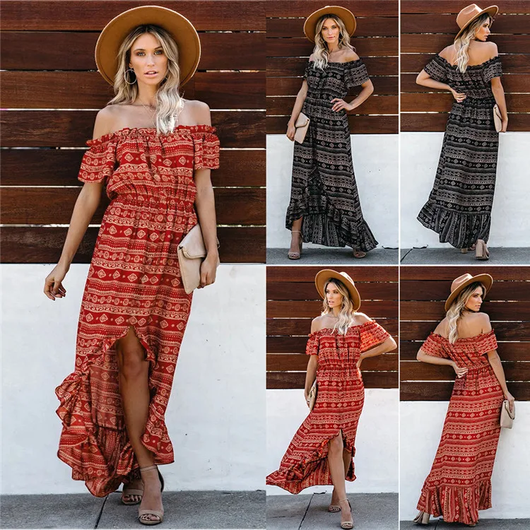C3807 Floral Long Beach Dress Off Shoulder Women Dress Bohemian Clothing Dress