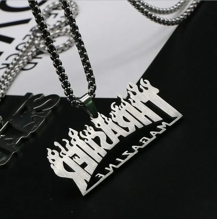 

Personality tide titanium steel hip hop quenching necklace men punk stainless steel letter flame sweater chain