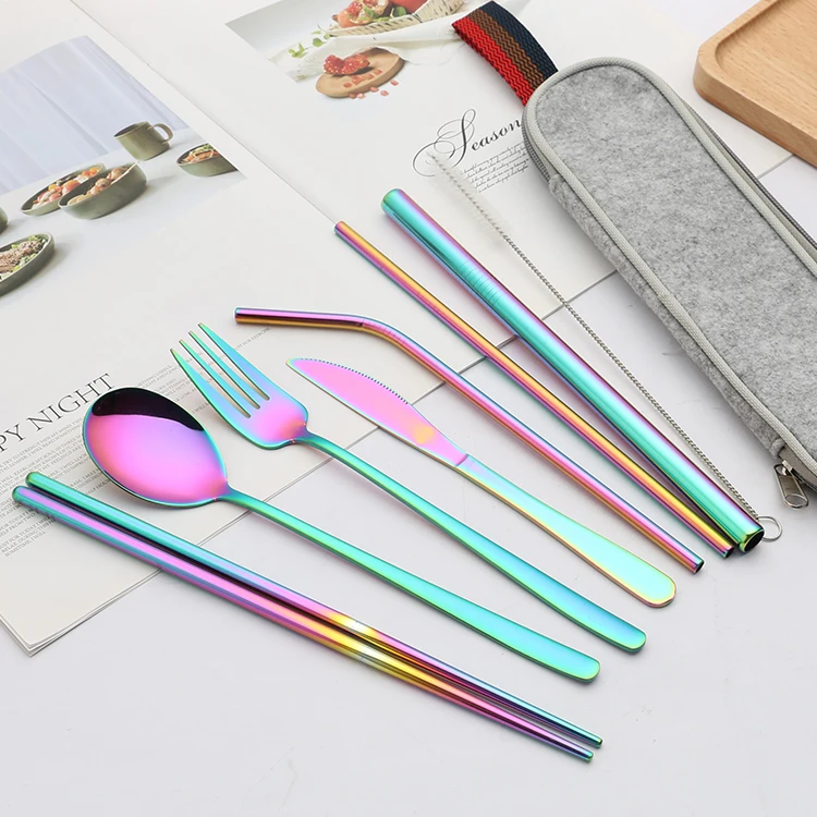 

Amazon Hot Sale stainless steel 304 Camping Cutlery Set gold spoon and fork set with portable pouch, Silver, gold, rose gold, rainbow, black