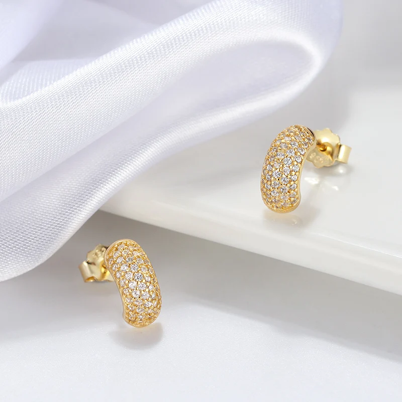 

RINNTIN APE15 Women Korean 925 sterling silver studs earrings 14k gold plated pave diamond zircon small C shape hoop earring
