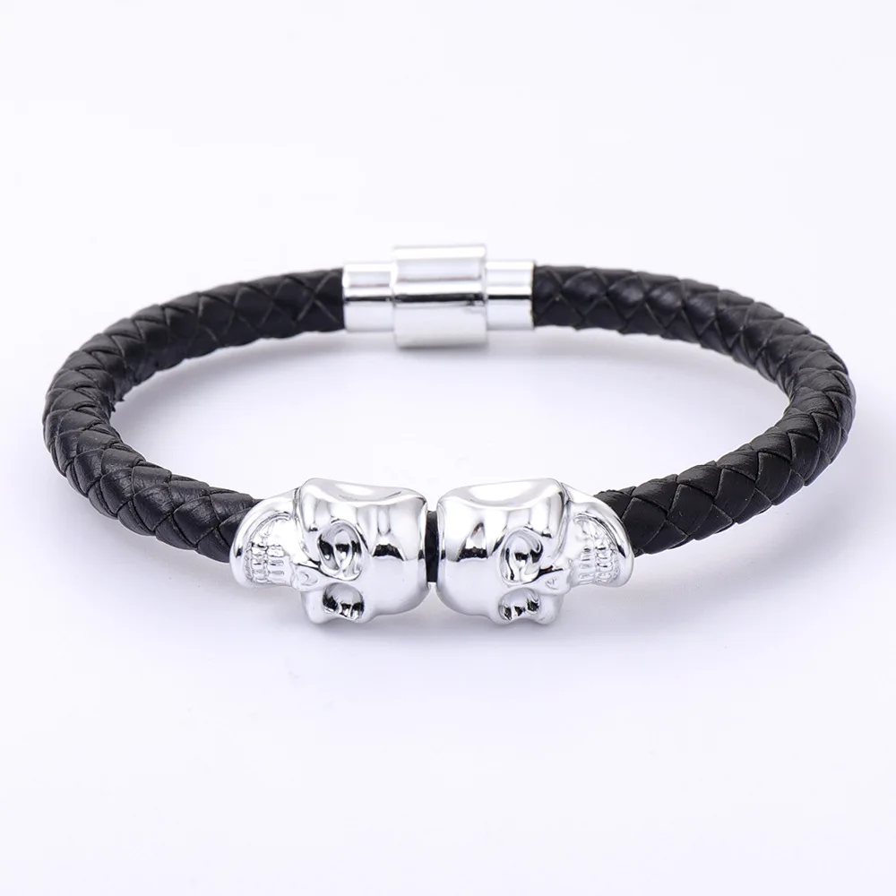 

Punk Style Braided Double Skulls Genuine Leather Bangle Bracelet Metal Buckle Round Leather Bangle Bracelet