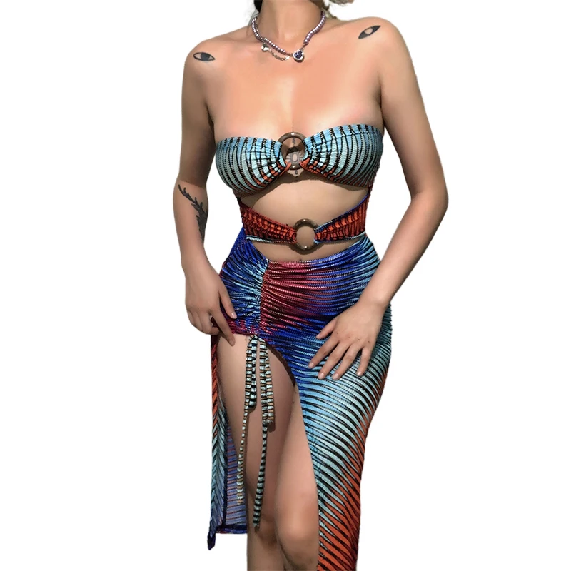 

K21D03788 Women Fashion 2021 Summer Multicolor Print Backless Dress Hollow Out Party Club Side Slit Women Long Dress