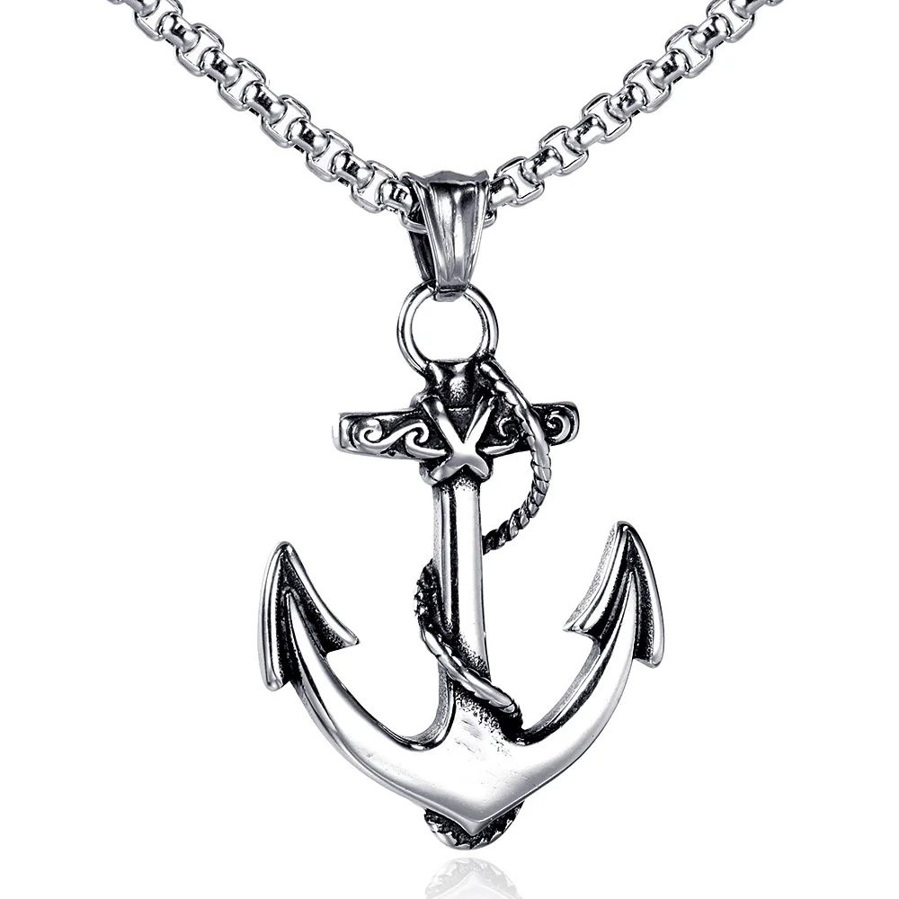 

2022 Hip Hop 925 Silver Stainless Steel Men Sailing Ship Anchor Necklace