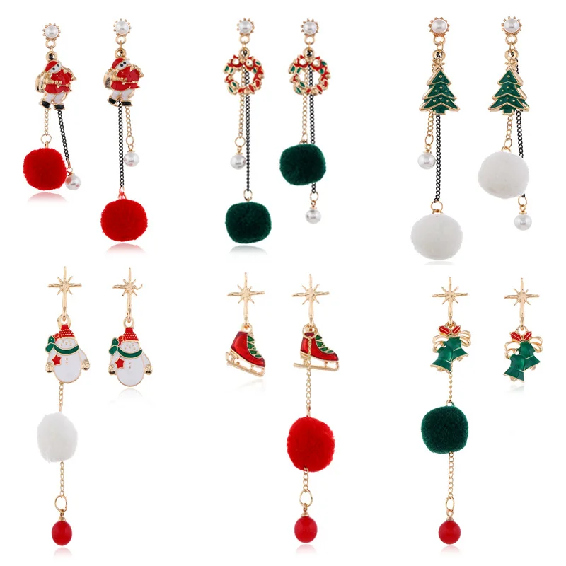 

Christmas Gifts Asymmetric Earrings Women's Fashion Santa Claus Christmas Tree Walking Stick Snowman Plush Ball Dangle Earrings, Same as the picture