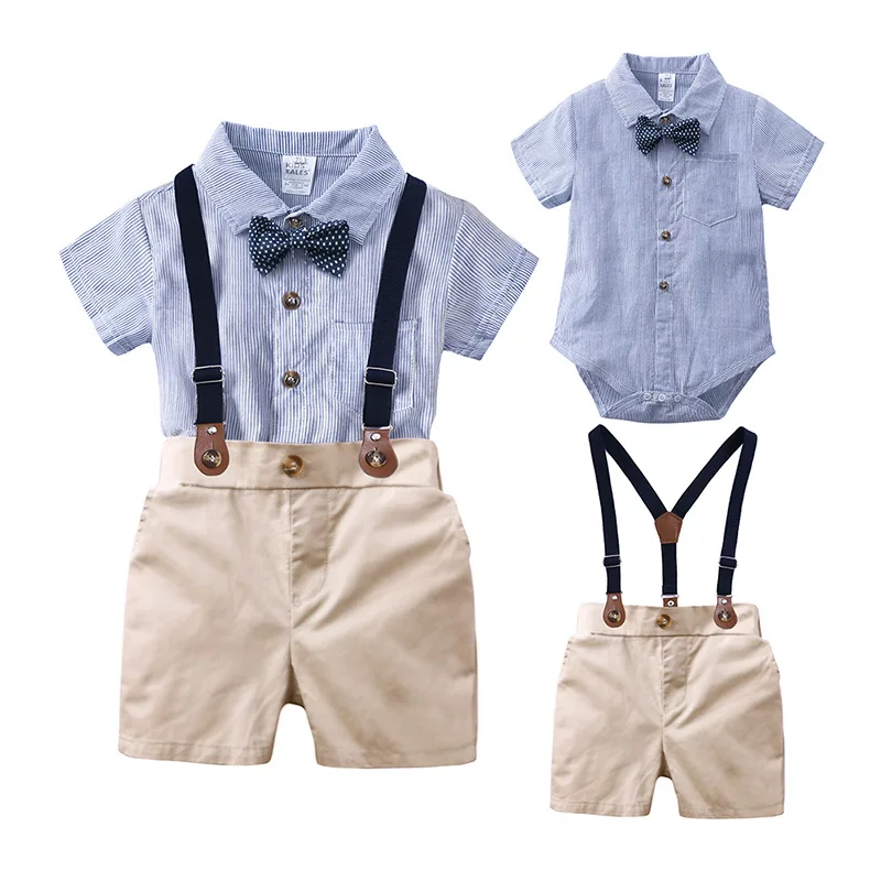 

2020 summer dress boy woven cotton sky blue halter bow top suspender trouser suit baby kids wear for hot style, As pic shows, we can according to your request also