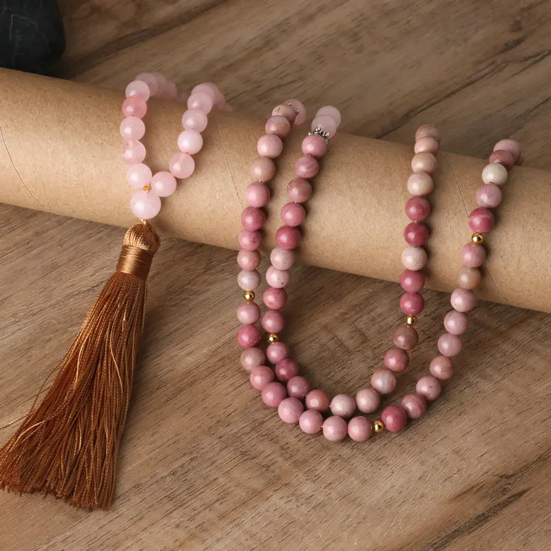 

Charm 8mm Rose Quartz Beaded Necklaces Yoga Meditation Handmade Natural Rhodonite Gemstone Japamala Necklace for Women