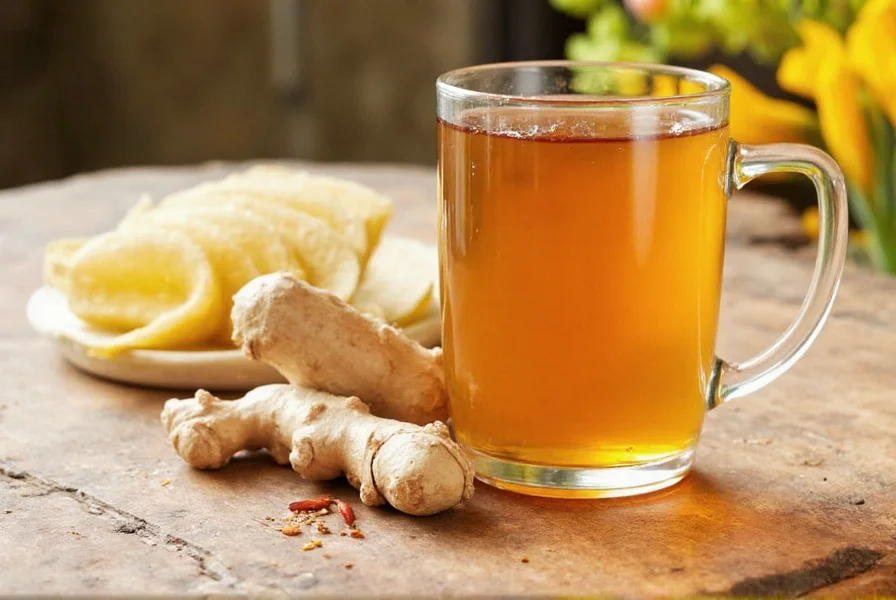 Honey ginger tea served in ceramic mug with fresh ingredients nearby