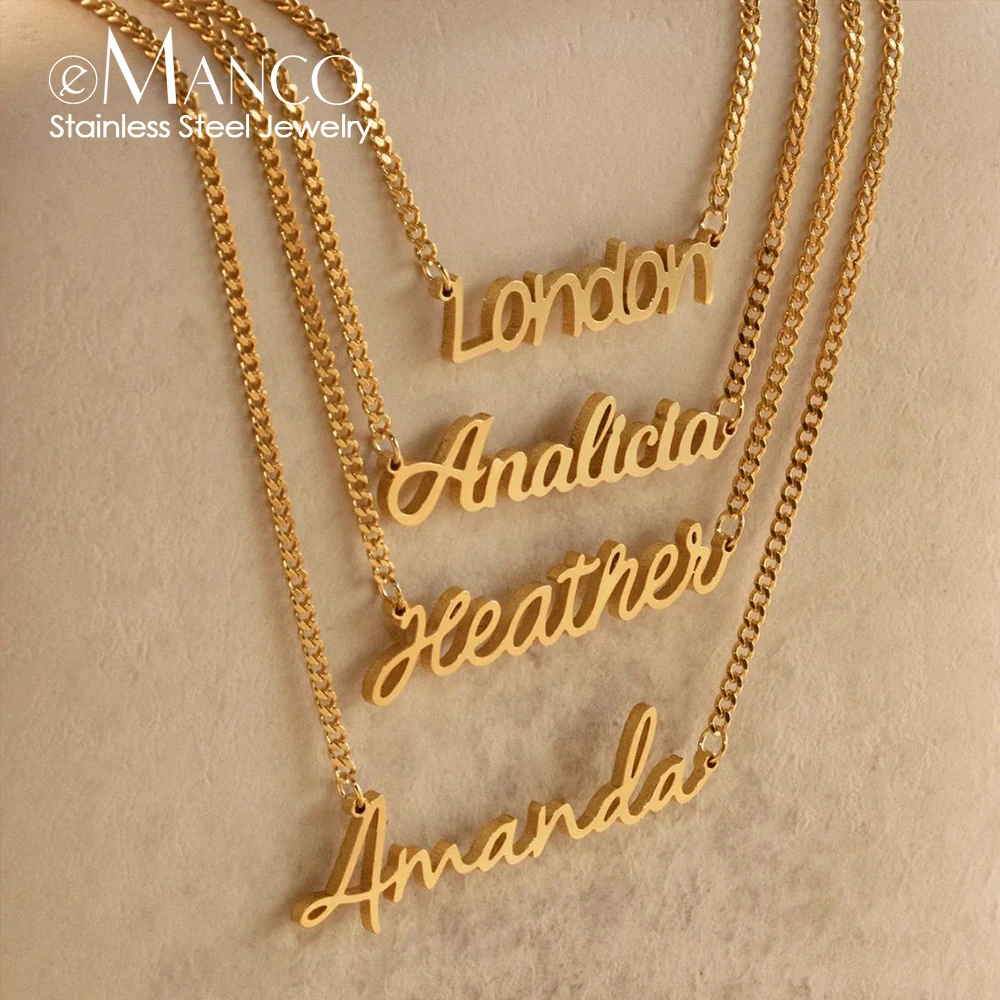 

eManco Stainless Steel Customized Name Necklace Fashion Personalized Letter Gold Color Pendant Choker Necklace Nameplate Gift