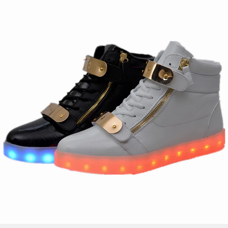 

High Top Hook And Loop Adult Led Light Up Shoes Sneakers For Men And Women, Black, white