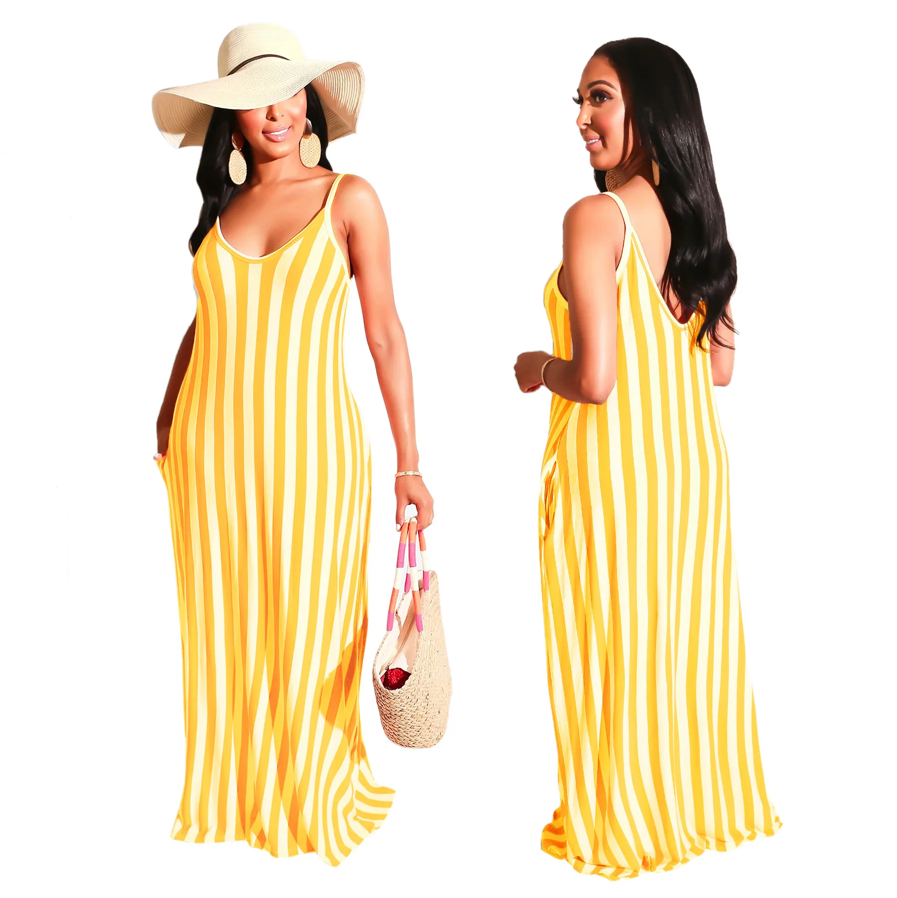 

Women Long Striped Halter Gown Deep V Summer Casual Dress With Pocket