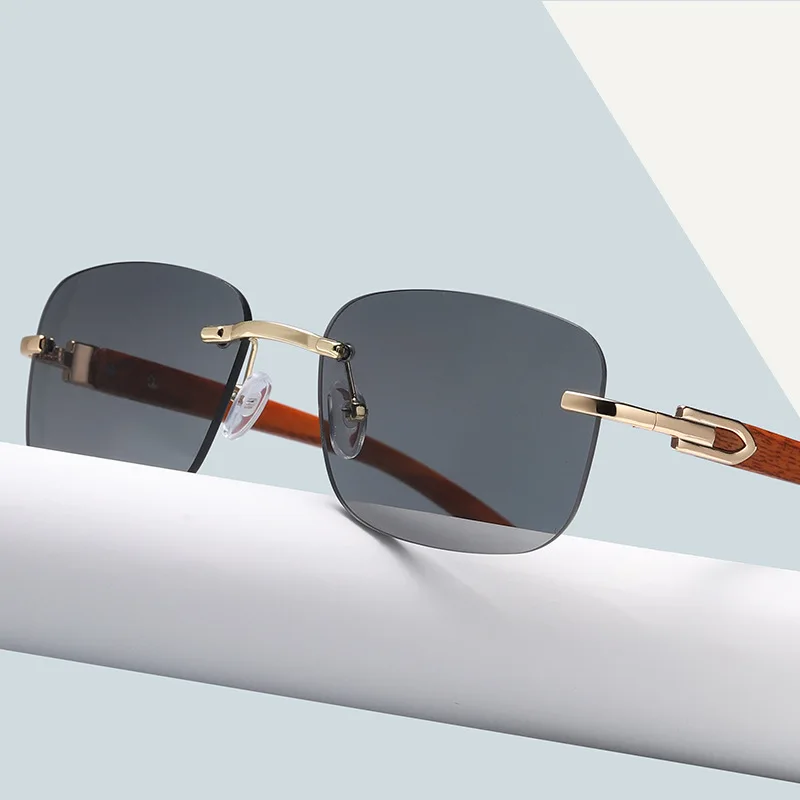 

Small Rectangular Rimless Sunglasses Women Square Frame Sun Glasses Wood Grain Temples Shades Sunglasses