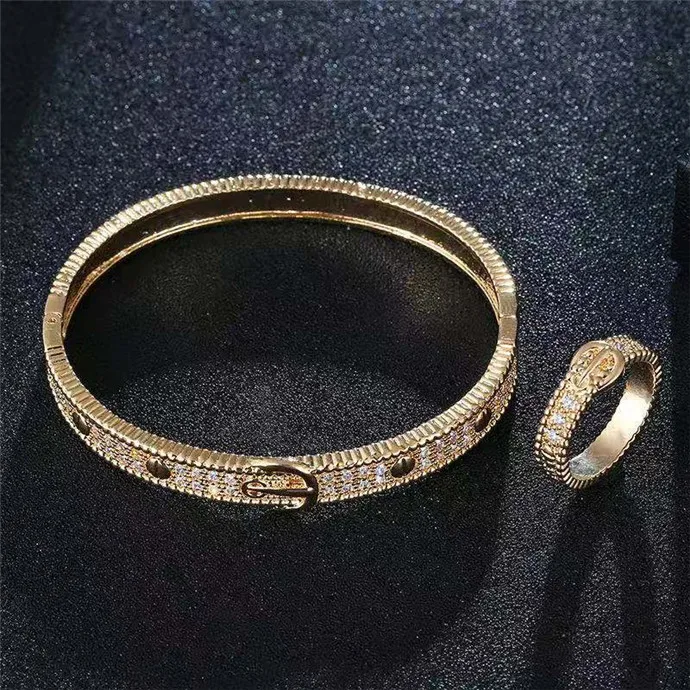

luckyee - Fashion jewelry set belt buckle miniature zircon set bracelet ring electroplated genuine gold color bracelet