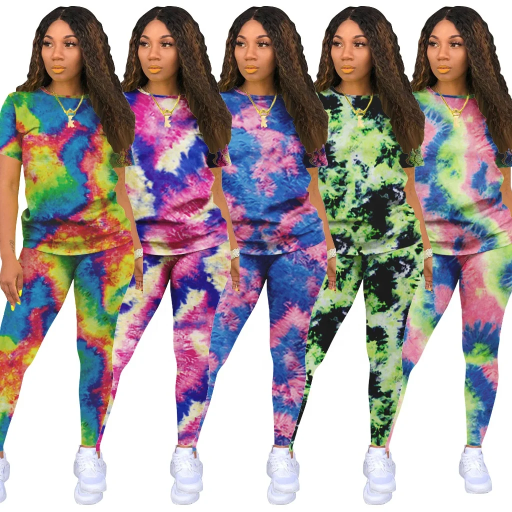 

Custom Printed Wholesale 2021 Summer Womens Casual Two Piece Sports Jogging Short Sleeve and Long Skinny Pants Set