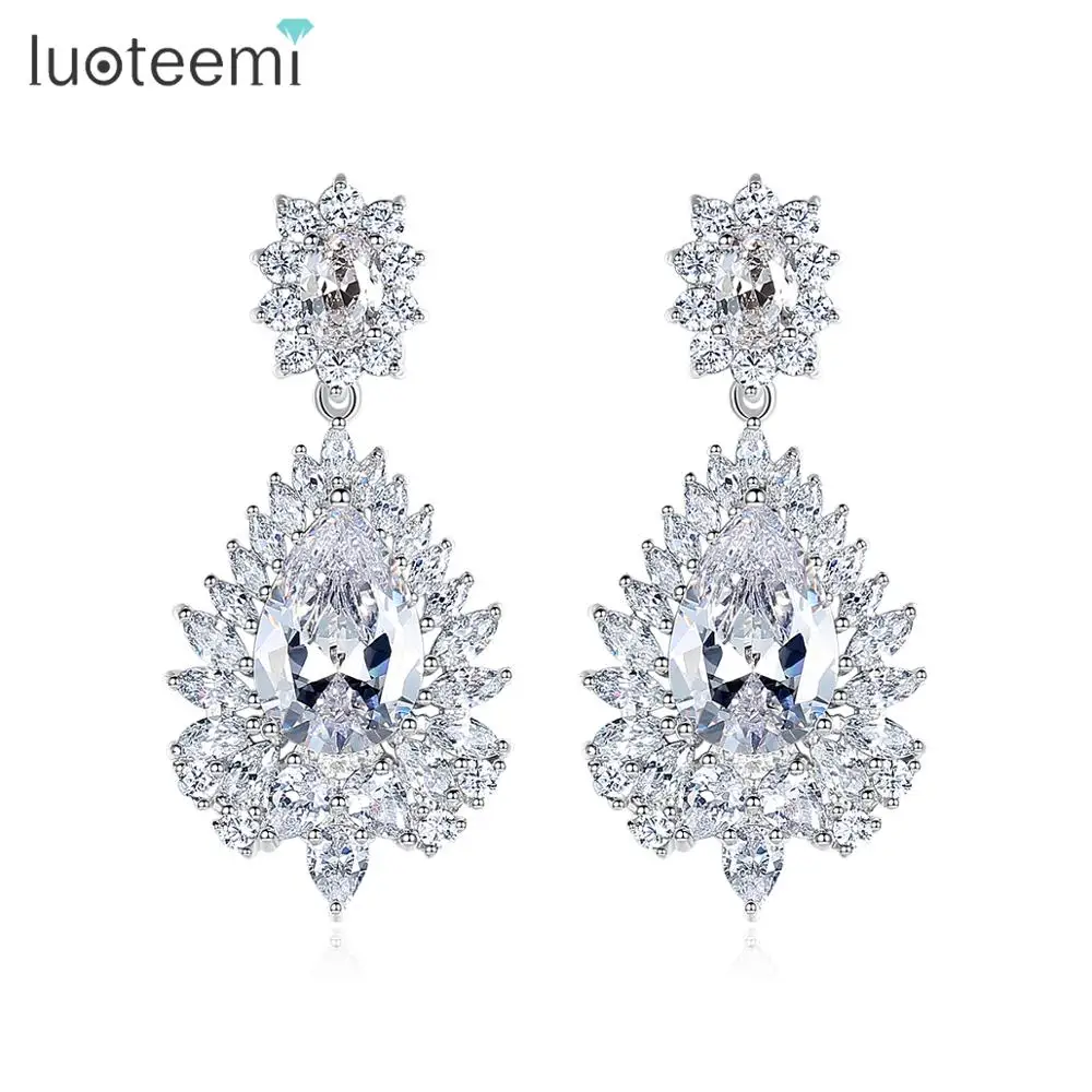

LUOTEEMI 4 Colors Really Sparkling Cubic Zirconia Diamond Women Luxury Wedding Jewelry Bridal Pendant Earrings