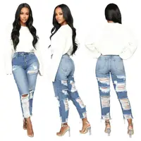 

Wholesale fall clothing plus size high waist ladies denim blue jeans trousers for women