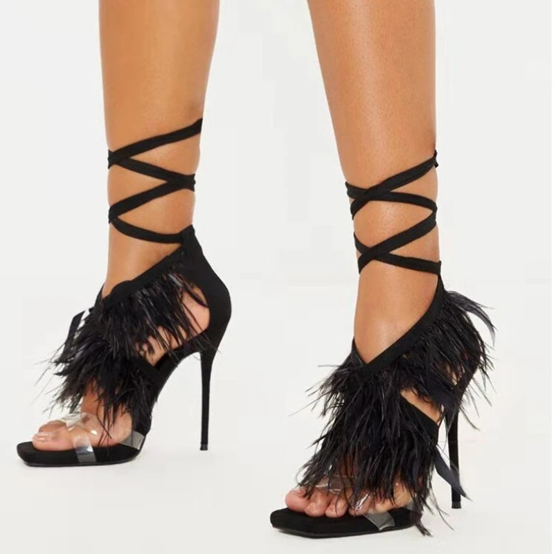 

Ball Gown Feather Suede Open Toe Heeled Sandals Casual Bandage Stylish Women Shoes Pumps