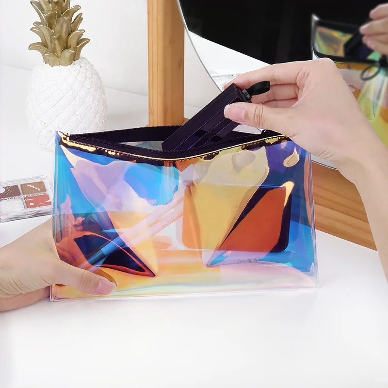 

Women Waterproof Laser Plastic Bags For Makeup Brush Wholesale Clear Holographic Cosmetic Bags With Zipper