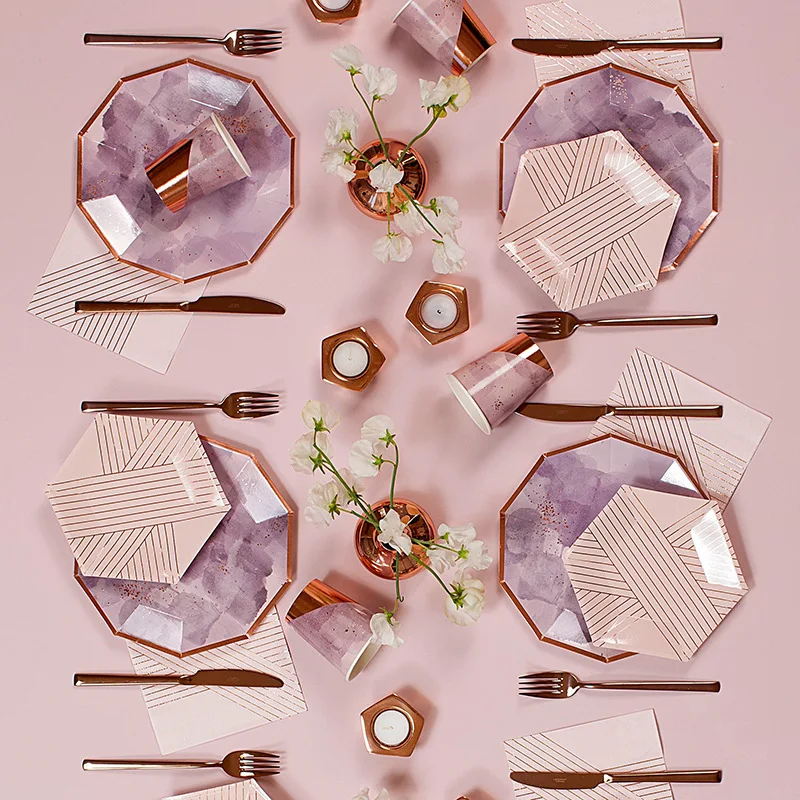 

7inch Rose Gold Purple Pink Tableware Birthday Party Decorations Party Supplies Disposable Plates Paper Plate Set for Wedding, Mix