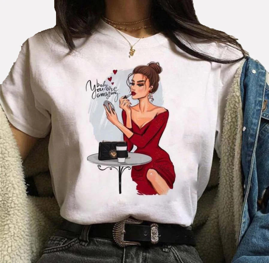 

Hot sale Fashion white round neck women's casual pattern T-shirt woman printed t-shirt