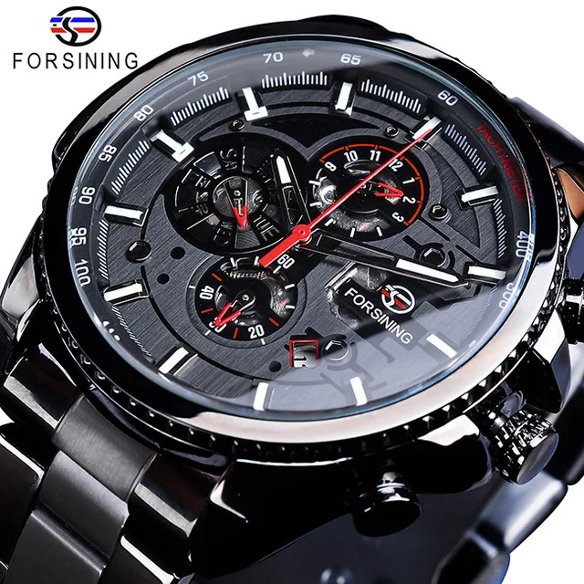 

Forsining Men Top Brand Luxury Three Dial Calendar Stainless Steel Mechanical Automatic Wrist Watches Military Sport Male Clock, 13-colors