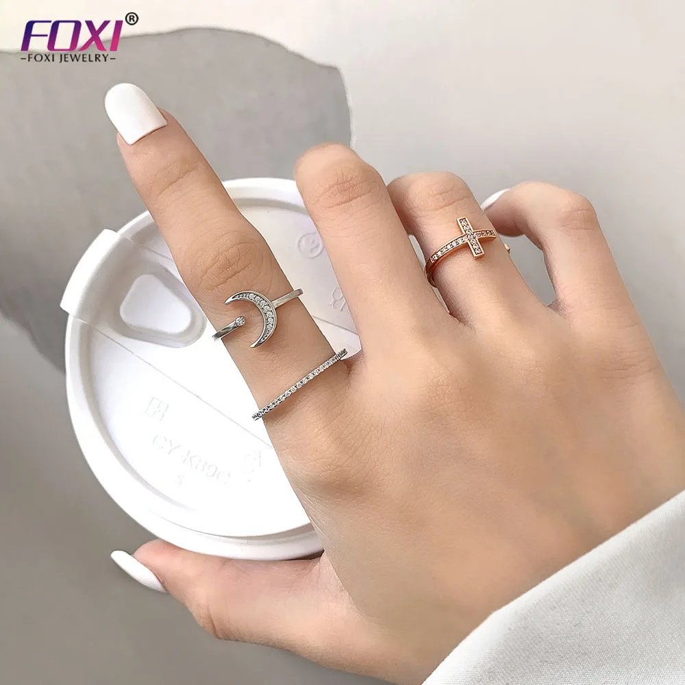 

WR1397 FOXI jewelry wholesale promise white zircon iced diamond 925 sterling silver moon star opening ring, Gold color