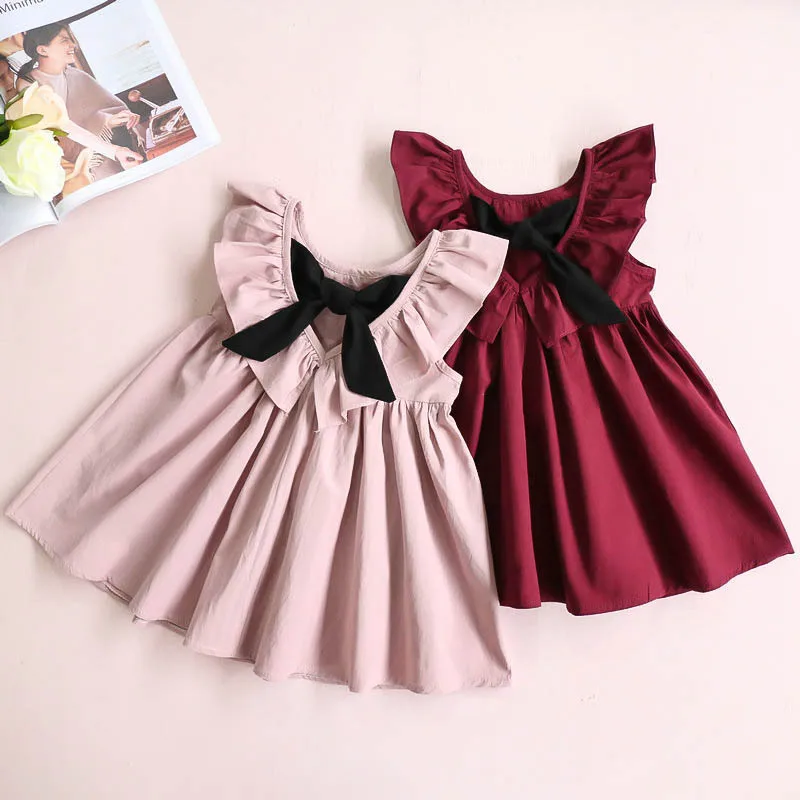 

Baby Clothes Boutique Kids Clothing Short Sleeve Back Bows Girl New Summer Solid Color Dresses, Picture show