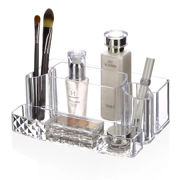 

Plastic transparent compartments tabletop cosmetic organizer box for makeup tools