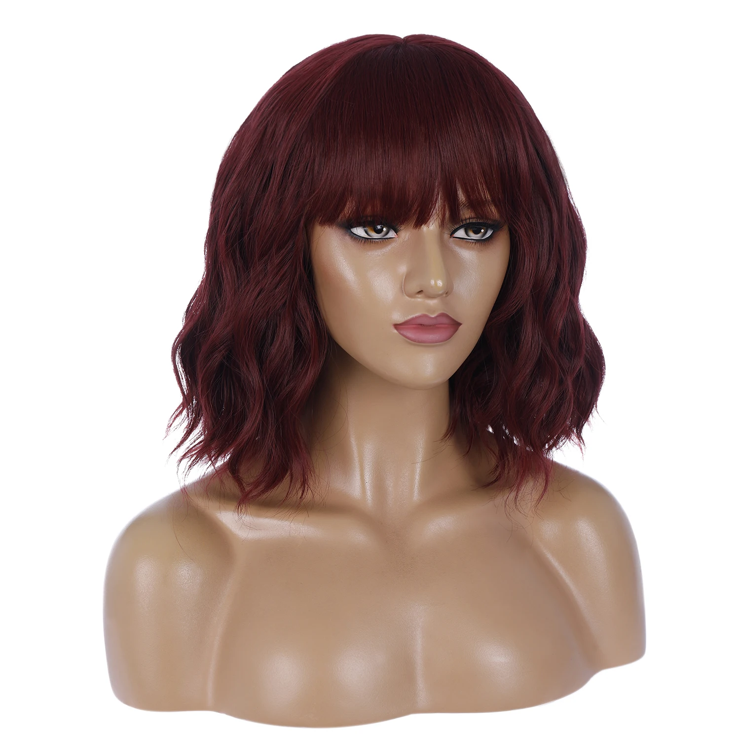 

Wholesale Cosplay Vendor Water Wave Short Bob Wine Red Wig With Bangs For Black Women Synthetic Hair Wigs, Brown