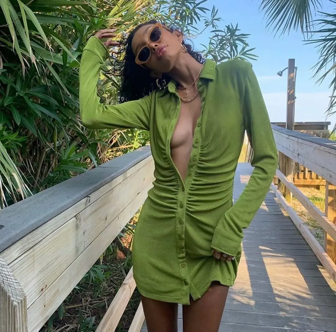 

Wholesale Fashion Pleated Slim Shirt Collar Dress Lady Sexy Elegant Cardigan Button Skirt Women Casual Dress, Customized color
