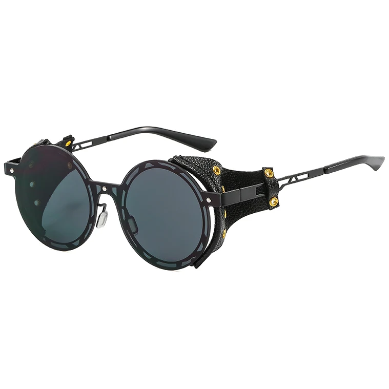 

NWOGLSS 6308 Classic Retro Round Alloy Frame Leather Sunglasses Men