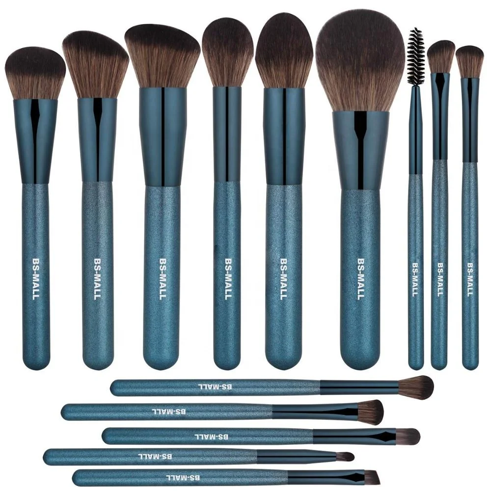 

BS-MALL Customize Makeup Brush Synthetic Hair 14pcs Blue Makeup Brushes Kit Private Label Amazon Make Up Brushes, Picture or customized color makeup brushes