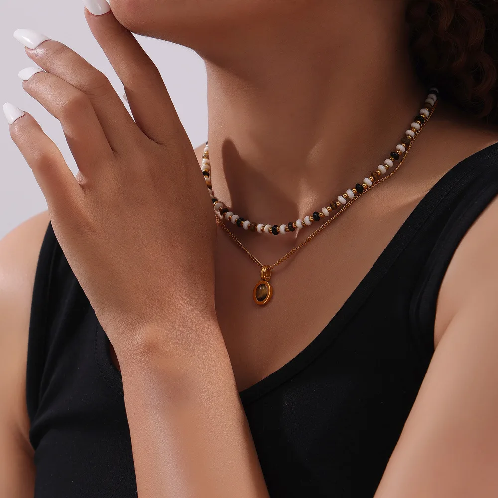 YF3790 Double Layers Chain Natural Stone Stainless Steel Beads Necklace Non Tarnish Waterproof Tiger Eye Pendant Jewelry