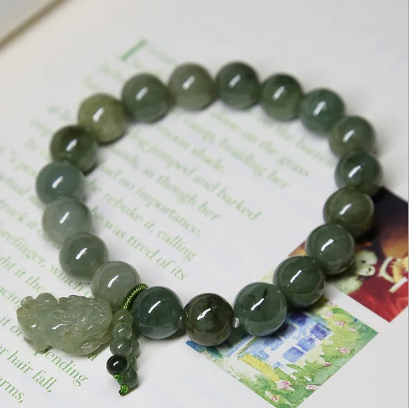 

Chinese Good Luck Wealth Vintage Green Natural Jadeite Beaded Bracelets Jade Animal Pixiu Charm Bracelets For Women Men, Gold