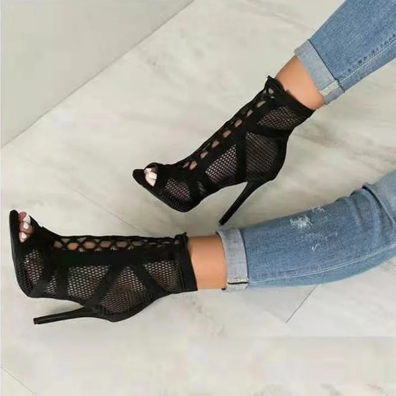 

Punk Head Peep Toe High Heels Breathable Zapatos De Mujer Fashion 2022 Summer Sexy Mesh Patchwork Cross-Tied Women Shoes Sandals, Black