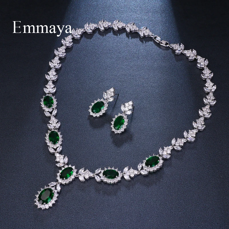 

Emmaya Brand Fashion Luxury Cubic Zirconia Bridal Jewelry Sets Green Oval Crystal Rhinestone Party Wedding Jewelry Necklace Sets