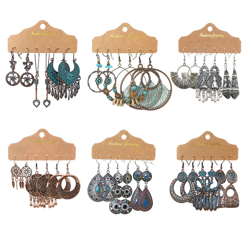 

Amazon Hot Selling Bohemian Earrings Combination Vintage Round Drop Oil Antique Alloy Large Dangle Earrings Jewelry For Gifts