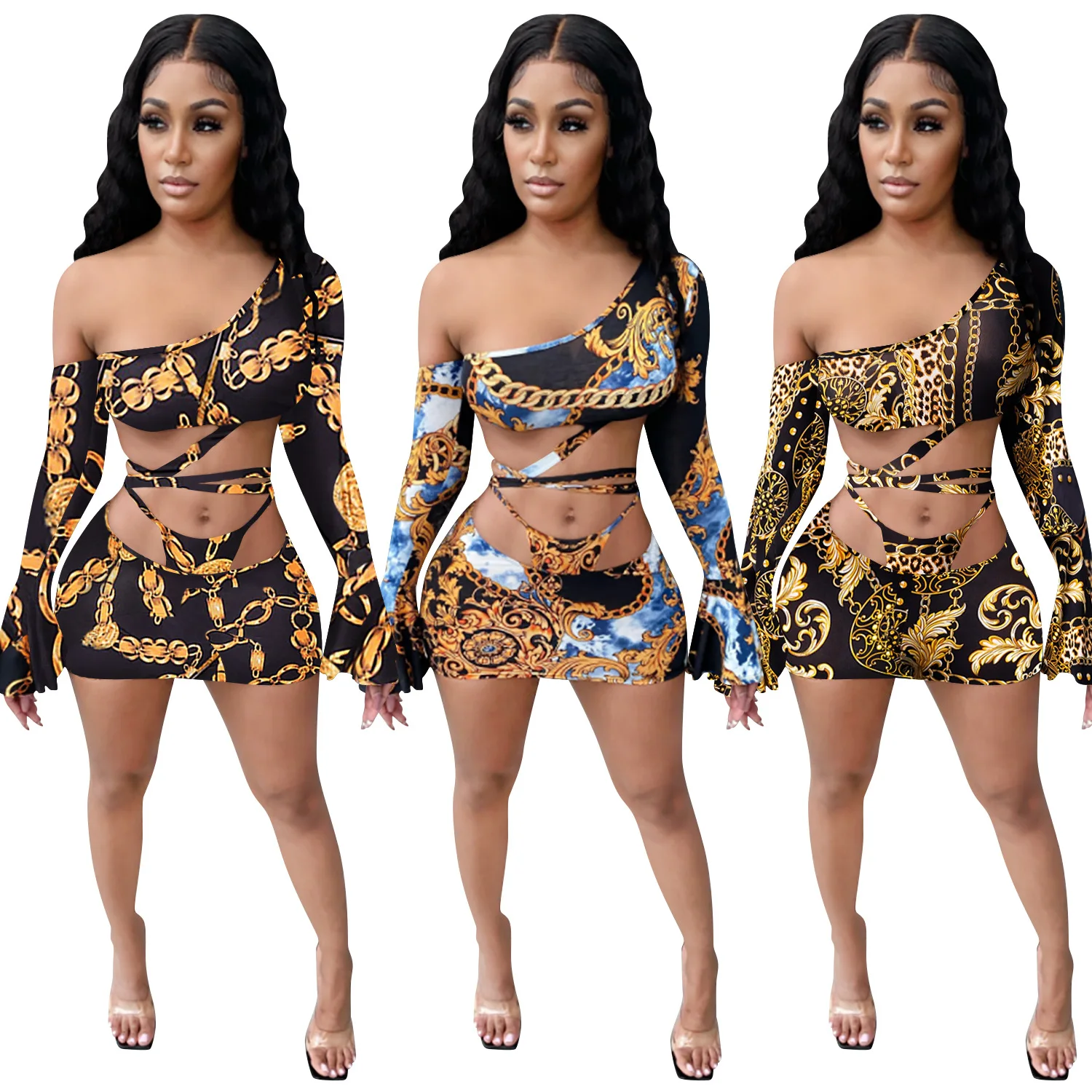 

Blue Black Leopard Off Shoulder Flare Sleeve Strap Hollow Out Crop Tops Mini Dress Conjuntos De Mujer Woman 2 Piece Skirt Set