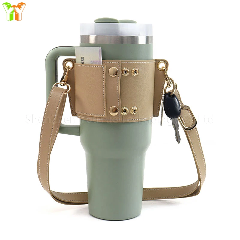 Adjustable Leather Carrier Strap Water Bag Water Bottle Holder with Strap Adjustable Water Bottle Carrier with Card Holder